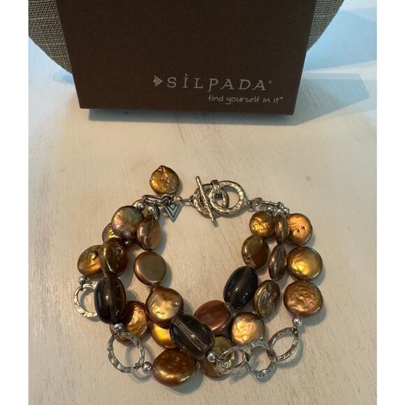 Retired Silpada Bronze Pearl Smokey Quartz 3 strand Sterling Silver Bracelet - Picture 2 of 7